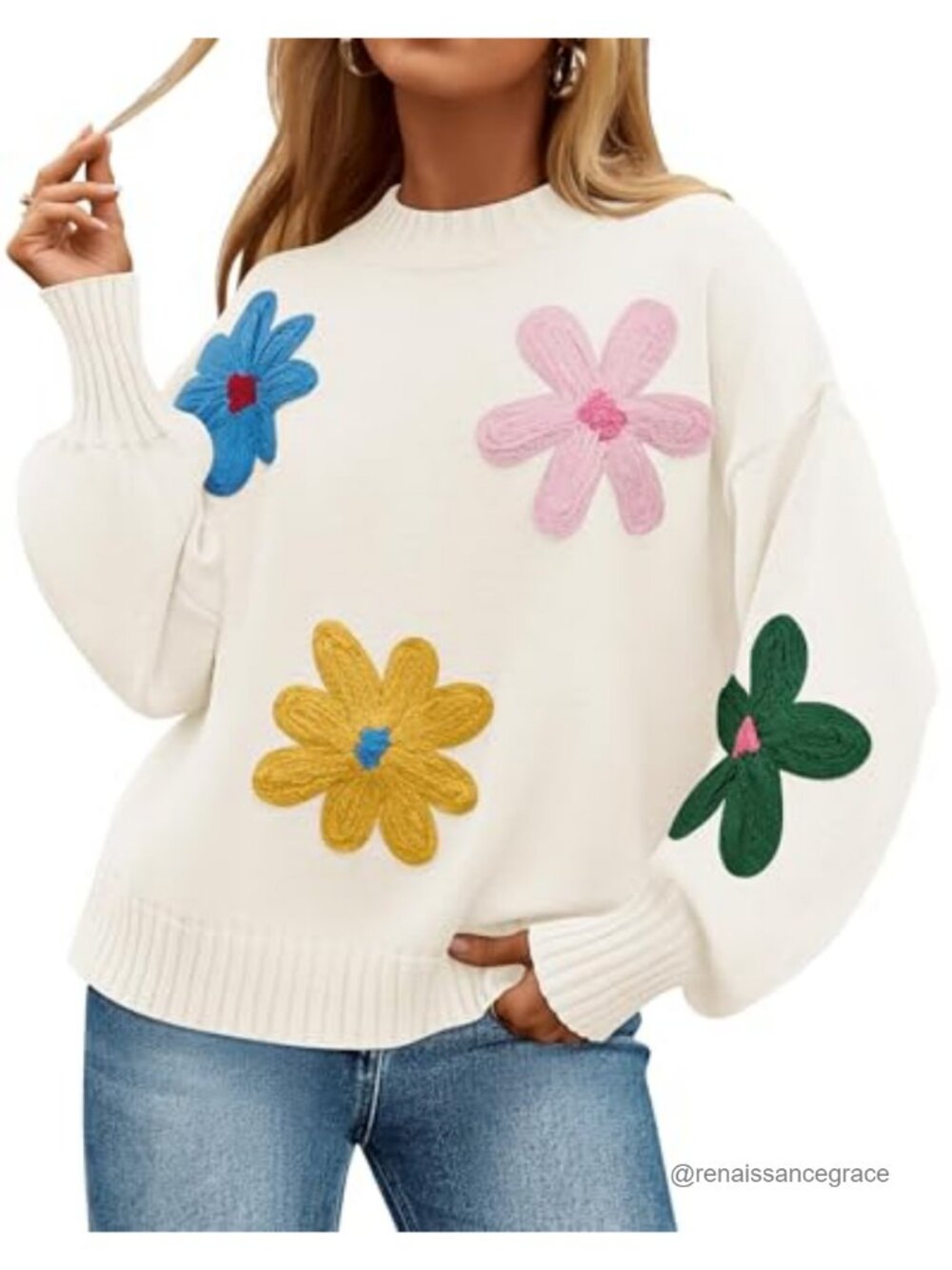 Womens Floral Knit Pullover Sweater Crew Neck Lantern Sleeve Ribbed